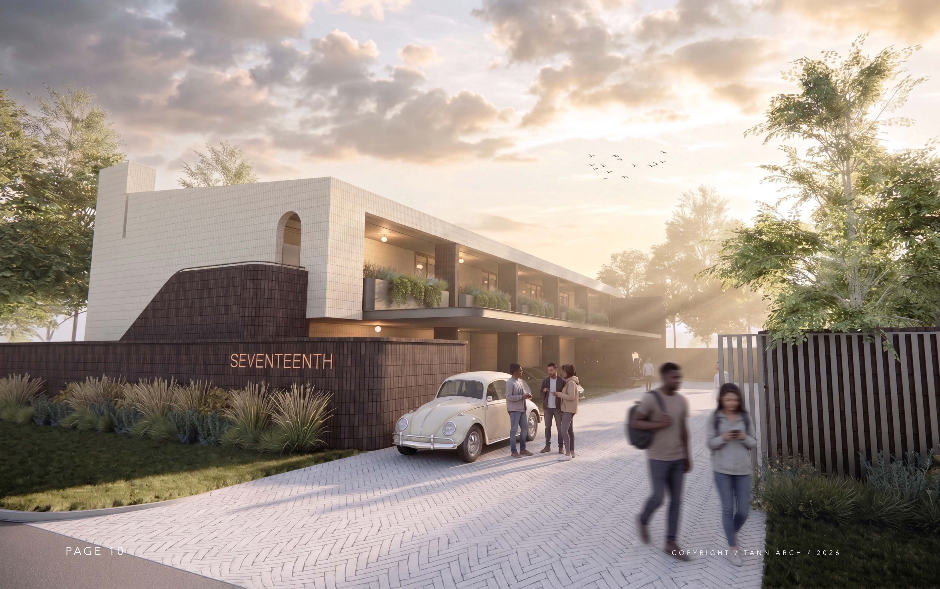 SEVENTEENTH — street view of the boutique development at dusk